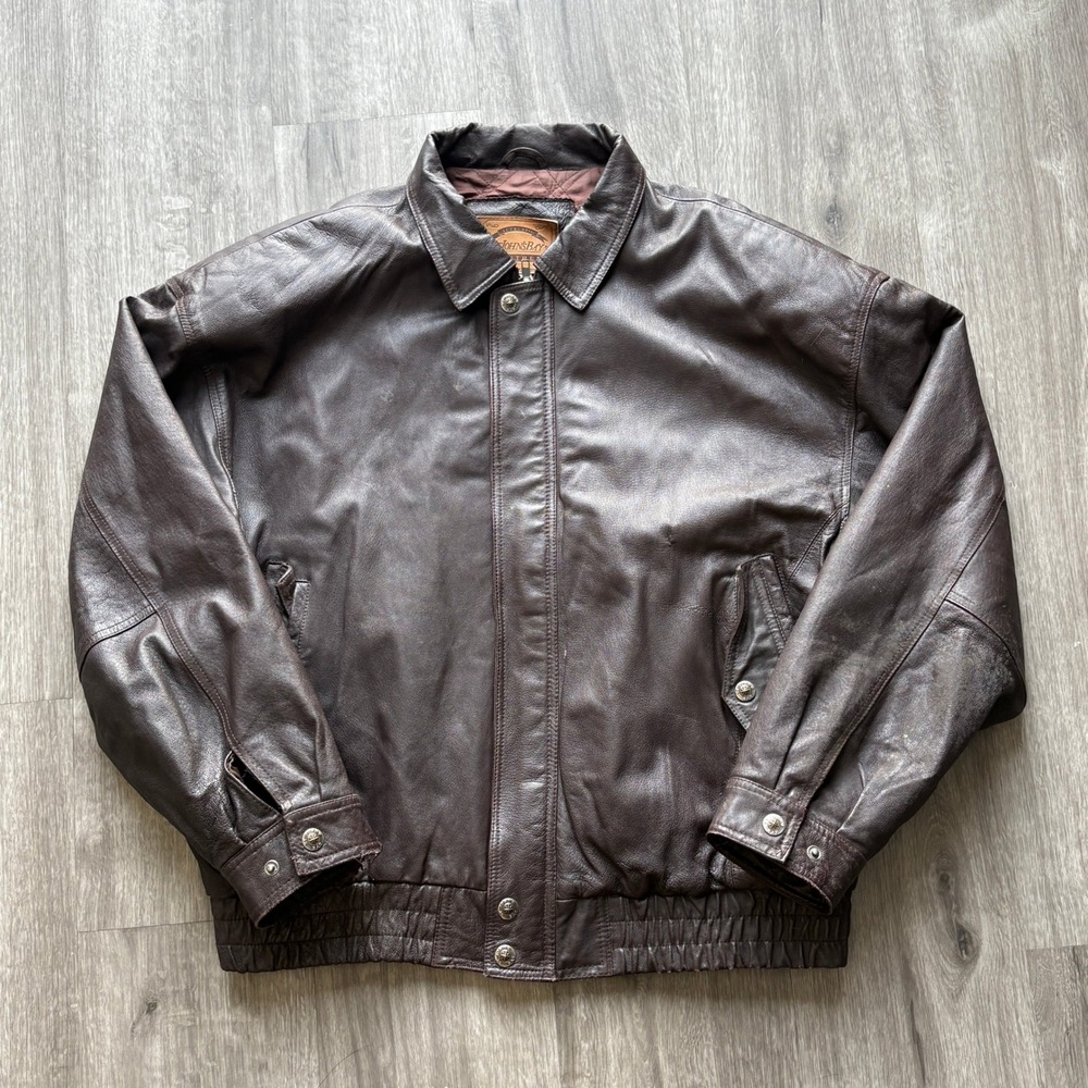 Vintage St Johns Bay Mens XL Dark Brown Leather Bomber Jacket Distressed XL